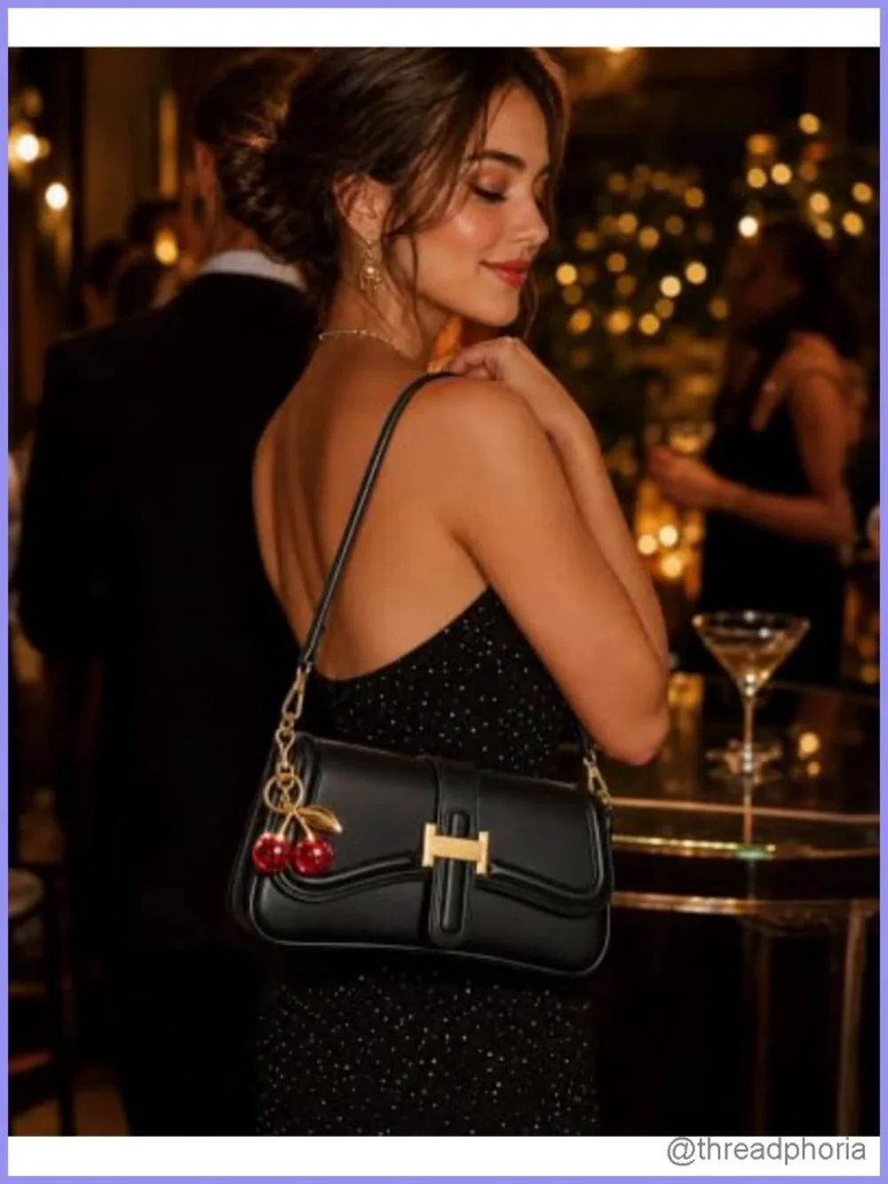 Small Faux Leather Hobo Handbag with 2 Straps and Cherry Charm Crossbody